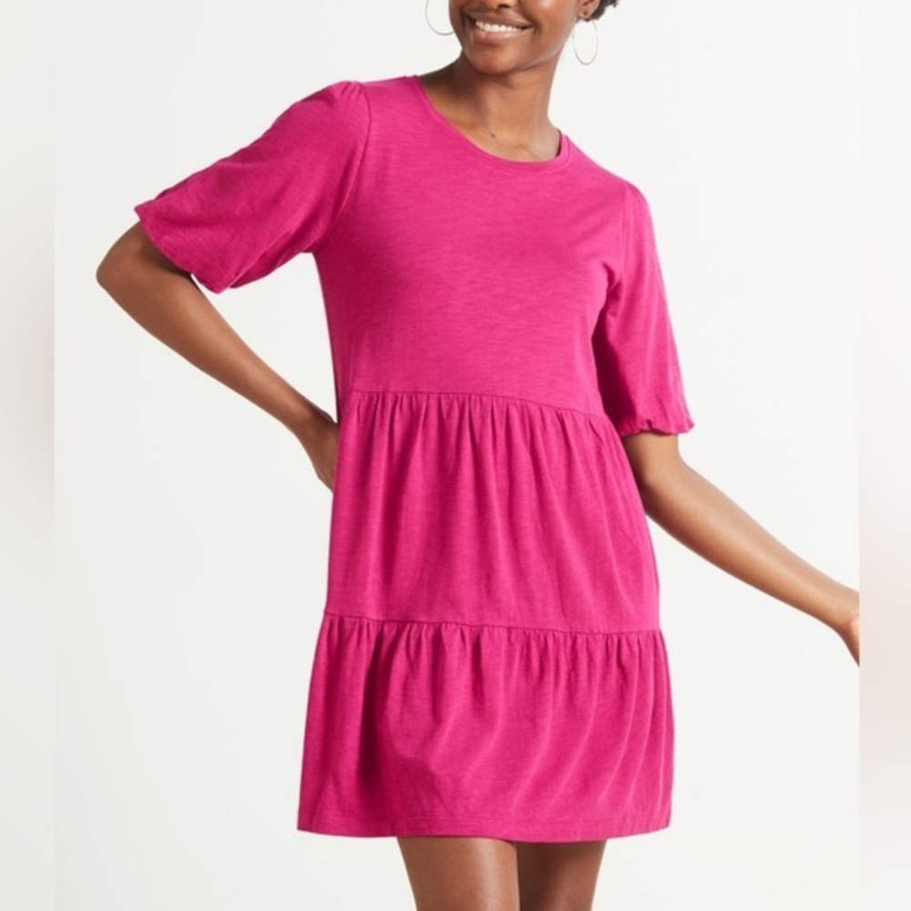 Sanctuary Sunday Stroll Tiered Knit Short Sleeve Dress Bright Rose